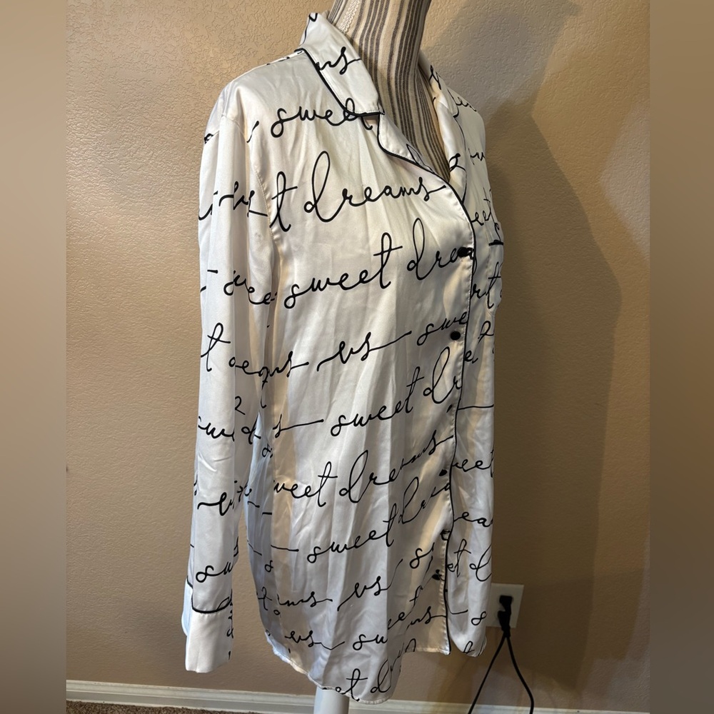 Victoria's Secret Nightgown Small White Satin Long Pajama Shirt Black Script - Picture 5 of 13